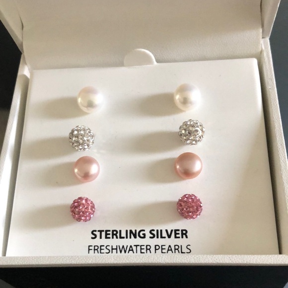 Sterling Silver Freshwater Pearl and Crystal Earring Set NIB Macy’s - Picture 1 of 8